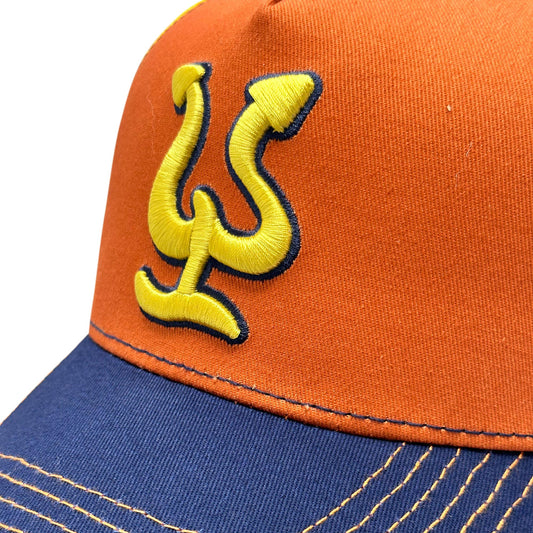 Pepe Aguilar Trucker Cap with Snap - Orange and Blue with Yellow Logo